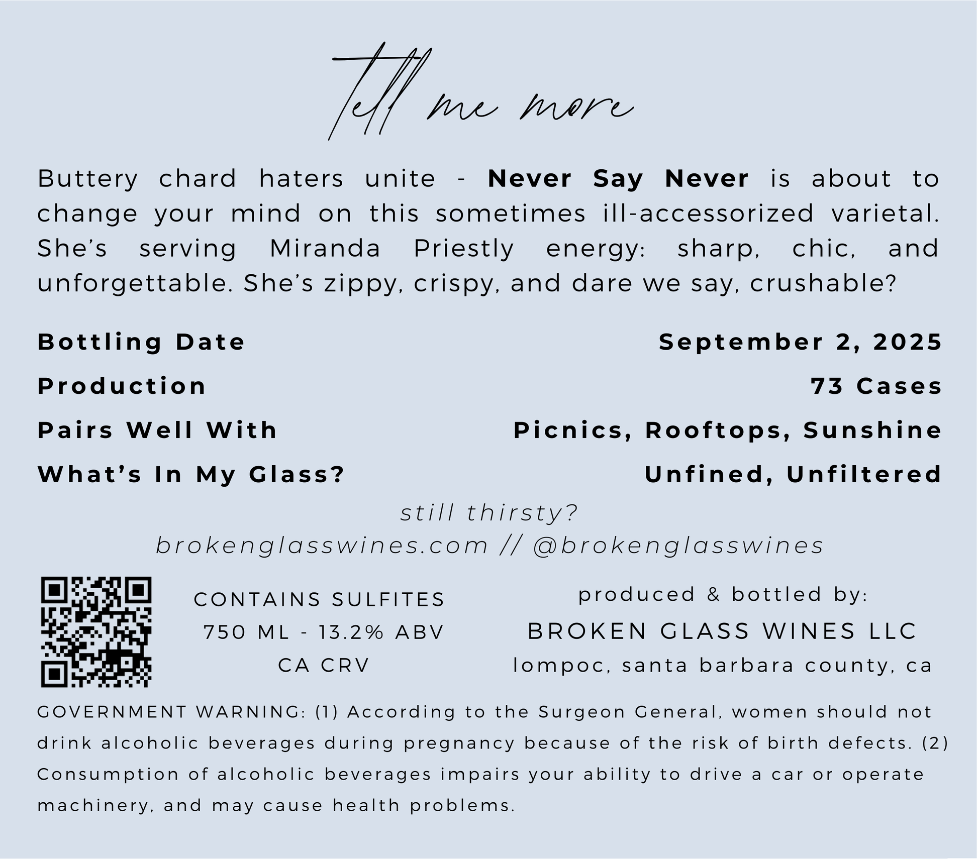 Wine label with text and branding information on a light blue background